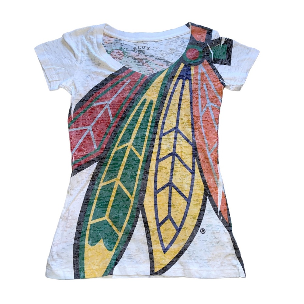 Rare Blue 84 Chicago BlackHawks White Colorful feather Distressed Burnout Tee